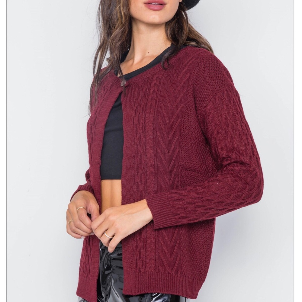 Burgundy Open Front Cable Knit Sweater